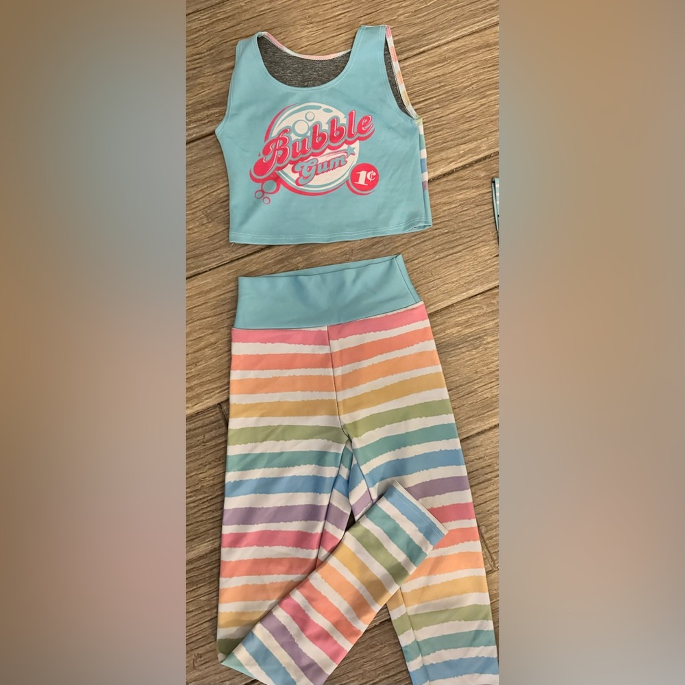 Sugarlulu girl medium athletic, gymnastics, cheer dance set. BUBBLEGUM STRIPE